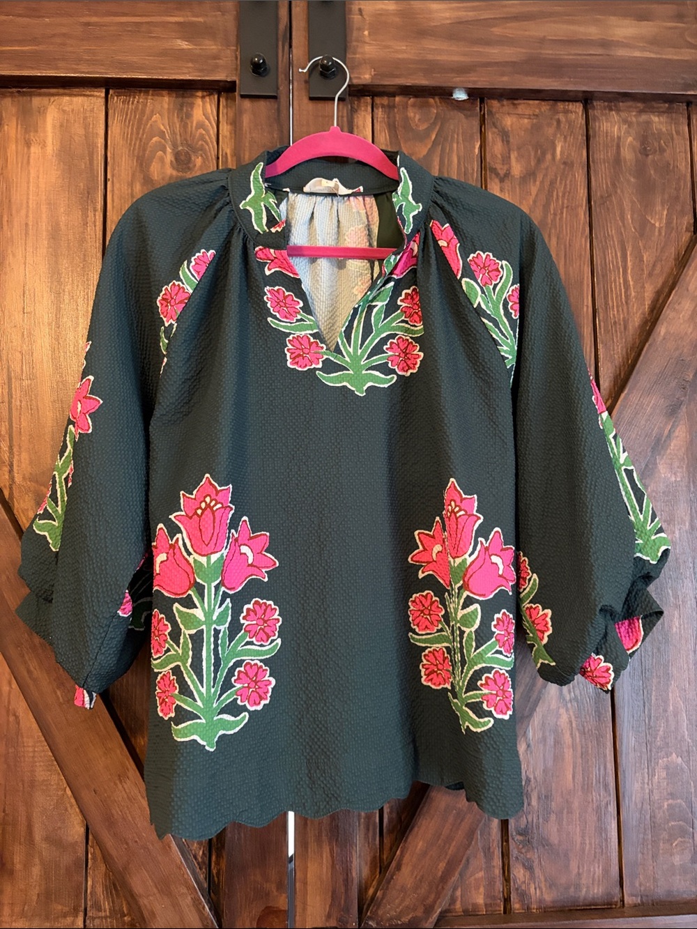 Umgee Green Floral Blouse with Pink Accents